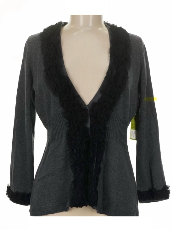 NIC+ZOE Sweaters - NWT NIC+ZOE Charcoal Gray Ruffle-Trim 3-Button Fitted Cardigan NEW